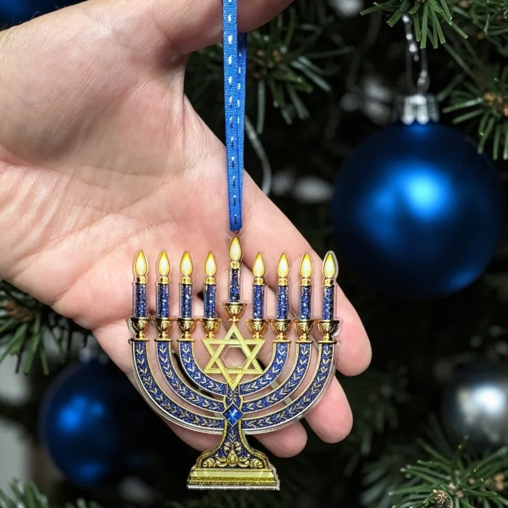 Menorah Ornament Hanukkah Tree Decor Blue Gold Jewish Holiday Gift